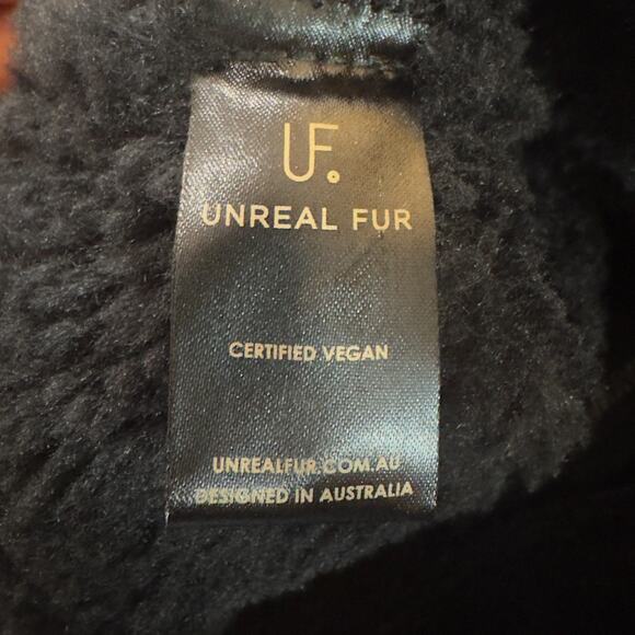 Unreal Fur Aviator Jacket Small Black Bomber Vegan Wet Look Leather Fur Collar - Picture 13 of 14